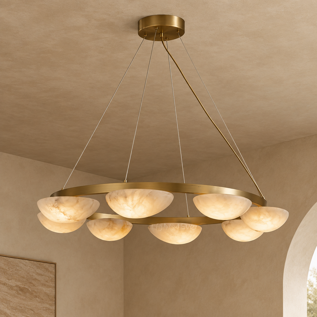 Alabaster chandelier – D80cm – clean background Clean premium real beige plaster architectural background, minimal empty space, correctly installed light with ceiling or wall surface visible and natural shadows.
