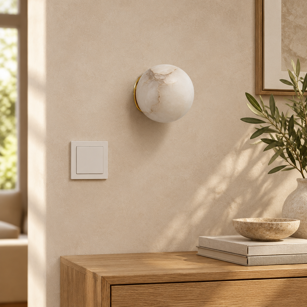 Marble ball light – Wall Lamp – lifestyle Installed on warm beige plaster wall in refined living room, physically small wall light with normal size furnishings.