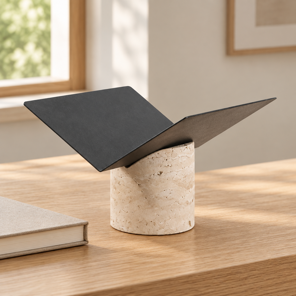 Travertine bookholder – Magazine Rack – lifestyle On oak study desk beside an unmarked closed book, natural window light.
