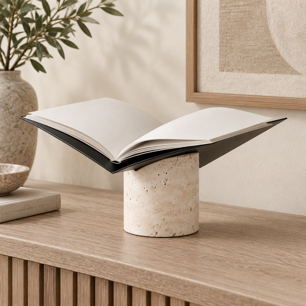 Travertine bookholder – Magazine Rack – lifestyle On elegant living-room console supporting open neutral magazine with blank pages; exact compact scale and visible V metal planes and cylindrical cream base.