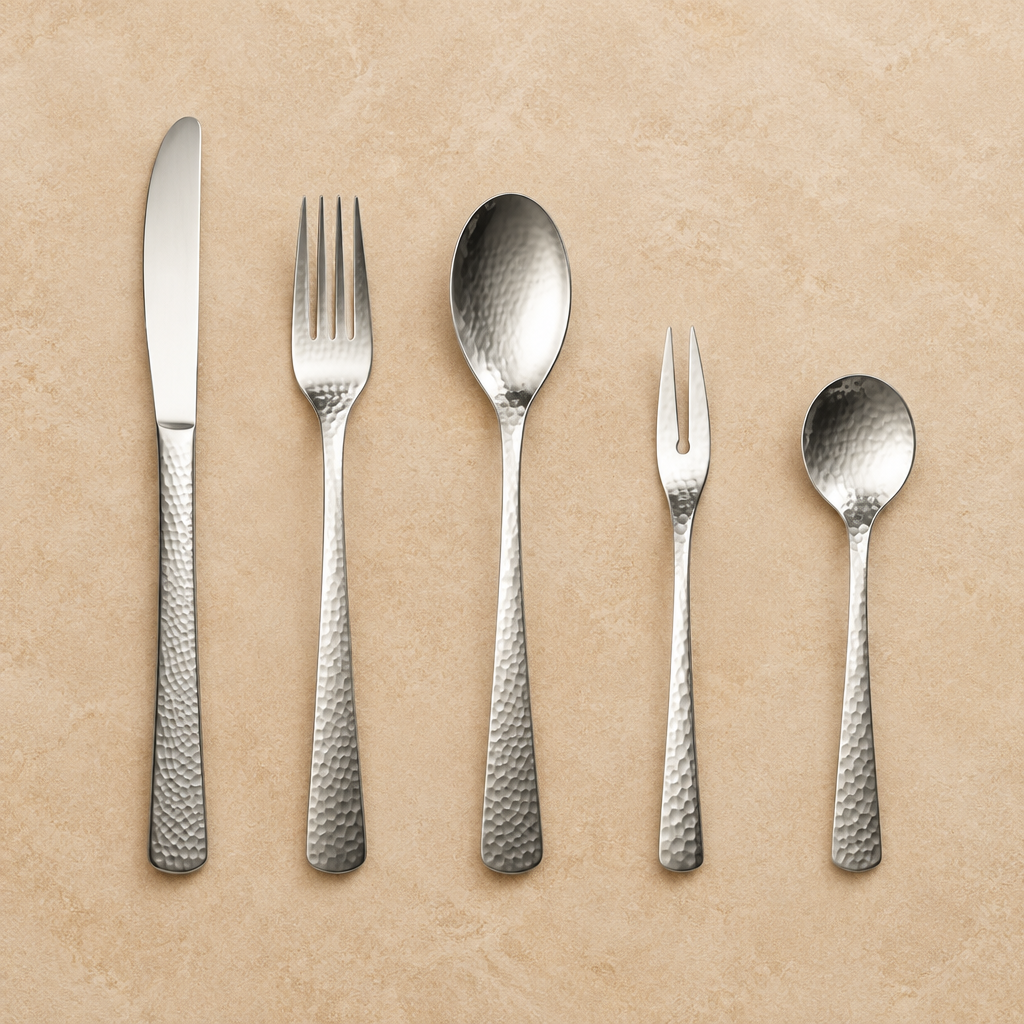 Hammered silver cutlery – 5pcs – clean background Premium warm beige background flat lay, exact FIVE utensils separated, product only, no props.
