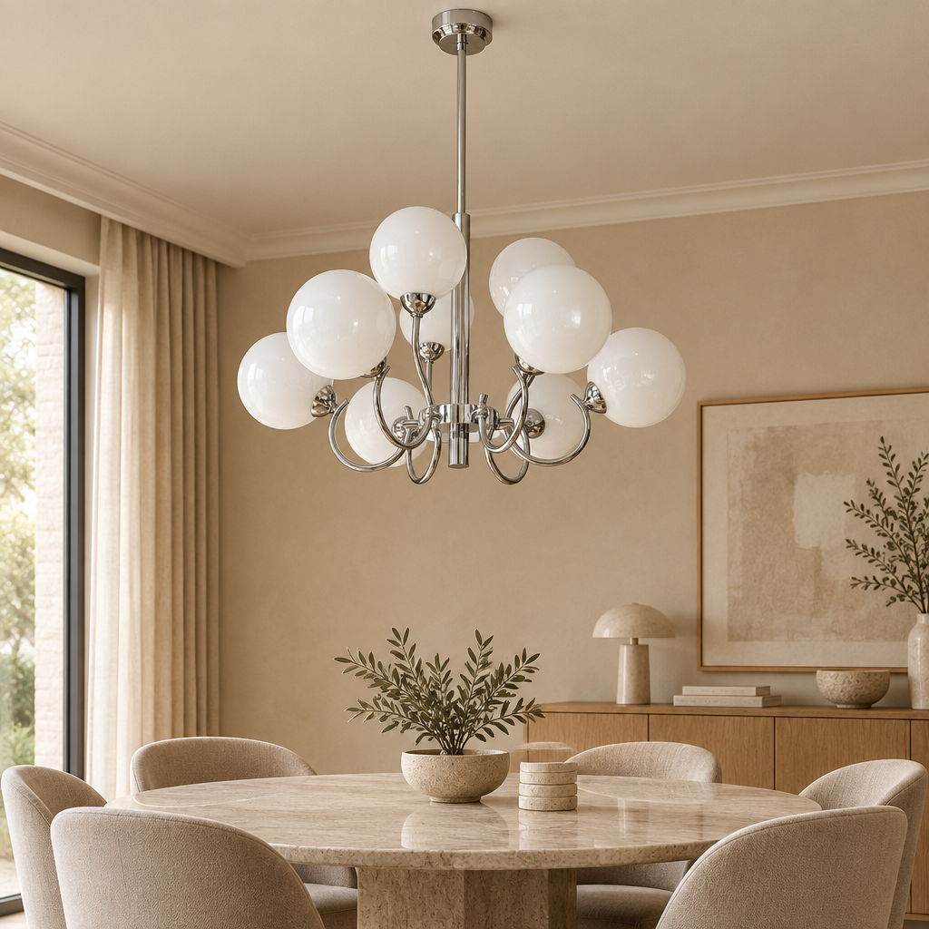 Chrome glass chandelier – 9 heads Chrome – lifestyle Installed above dining table in elegant warm beige dining room, ceiling connection visible, exact scale relative normal furniture.