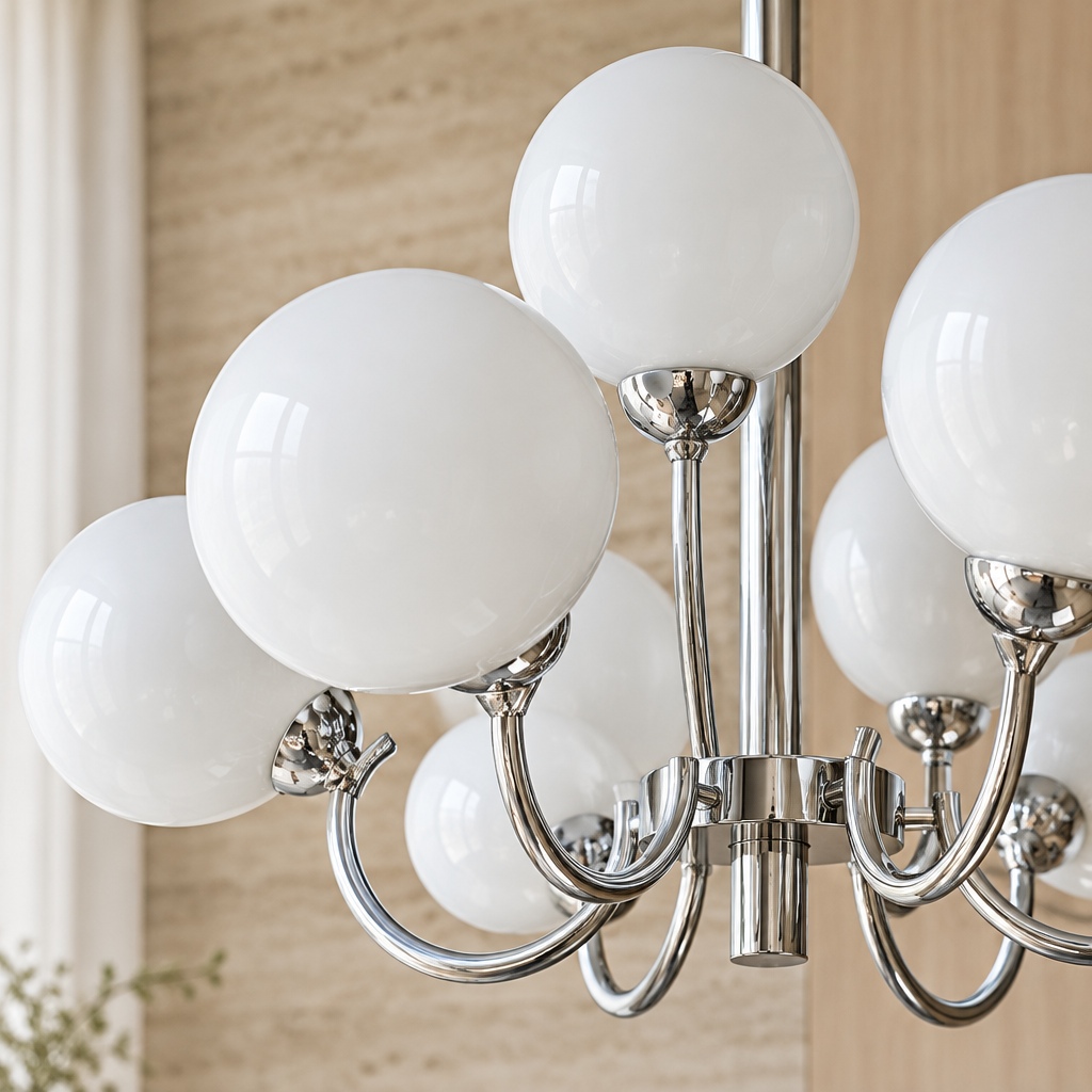 Chrome glass chandelier – 9 heads Chrome – close-up light off Tight macro of white glass sphere and polished chrome socket, lights completely OFF opaque white glass natural daylight only, fixture partly outside frame.