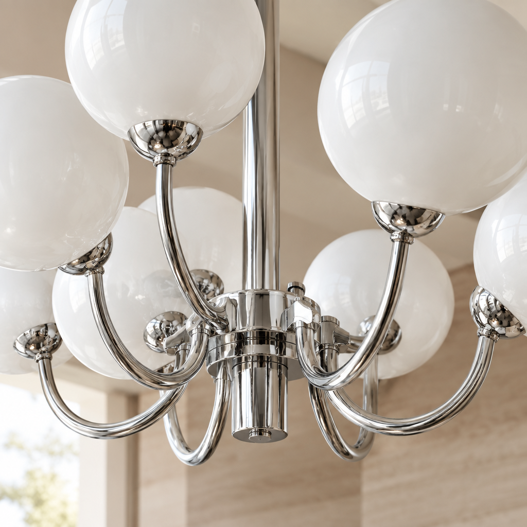Chrome glass chandelier – 9 heads Chrome – close-up light off Tight lower side macro of chrome hub and curling arms joining white glass, lamps completely OFF, natural daylight only. Fixture partially outside frame.