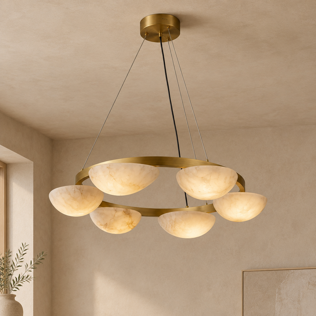 Alabaster chandelier – D60cm – clean background Clean premium real beige plaster architectural background, minimal empty space, correctly installed light with ceiling or wall surface visible and natural shadows.