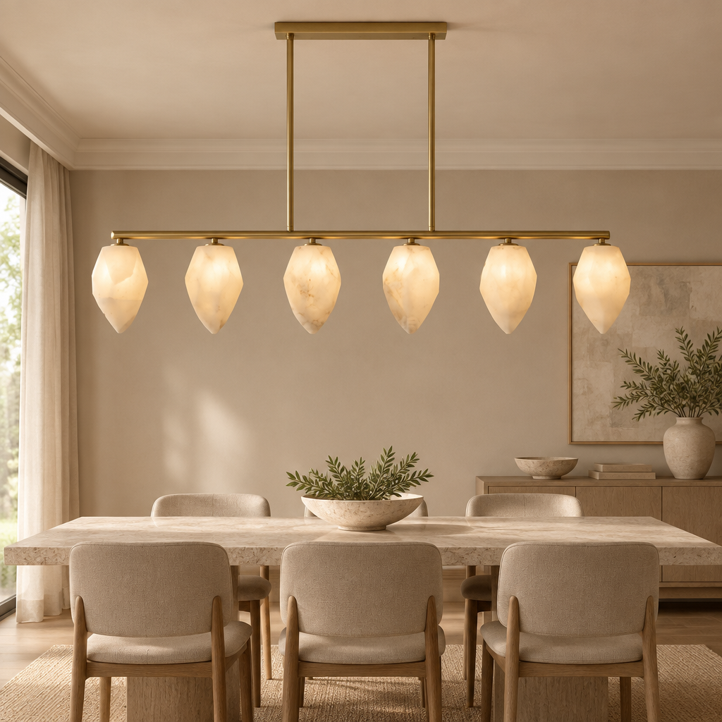 Alabaster chandelier – L120cm – lifestyle Installed above dining table in elegant warm beige dining room, ceiling connection visible, exact scale relative normal furniture.