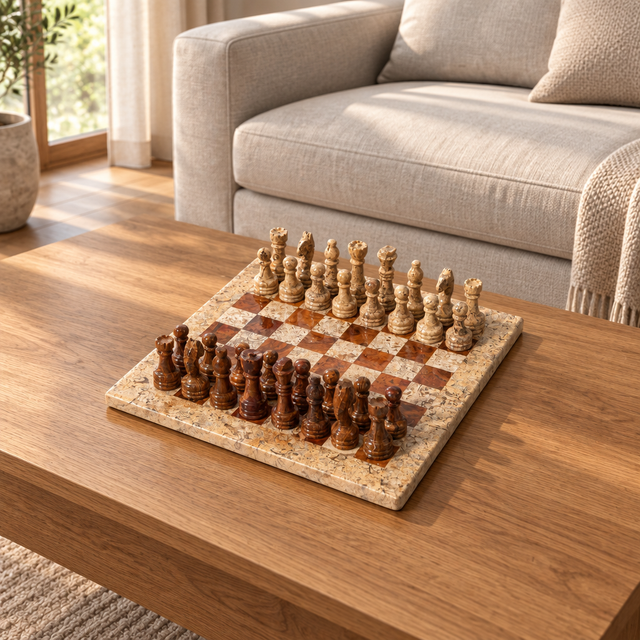 A beige and brown Natural Stone Carved Chess Set — lifestyle photograph