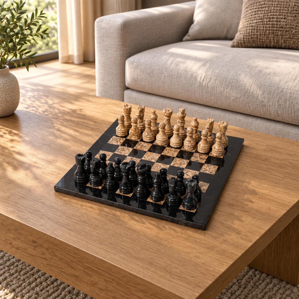 B black and beige Natural Stone Carved Chess Set — lifestyle photograph