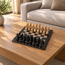 B black and beige Natural Stone Carved Chess Set — lifestyle photograph