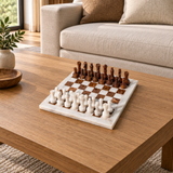 E white and brown Natural Stone Carved Chess Set — lifestyle photograph