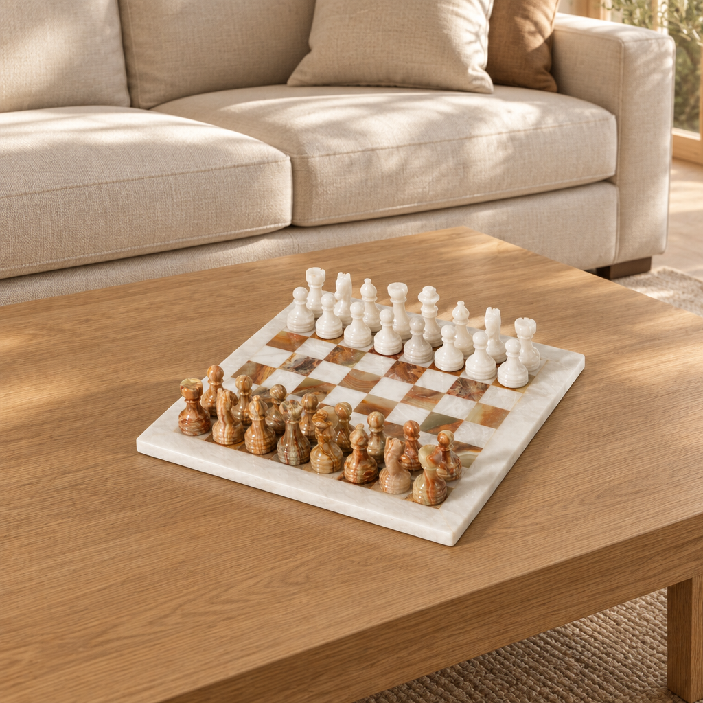 C white and tan Natural Stone Carved Chess Set — lifestyle photograph