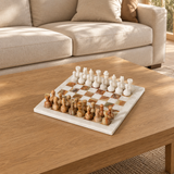 C white and tan Natural Stone Carved Chess Set — lifestyle photograph