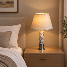 A short Spain Iron Base Cylindrical Marble LED E27 Table Lamp Parchment Lampshade Moden Living Room Bedroom Restaurant Office Desk Light — lifestyle photograph