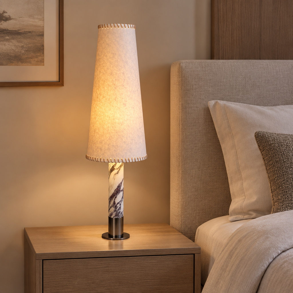 B tall Spain Iron Base Cylindrical Marble LED E27 Table Lamp Parchment Lampshade Moden Living Room Bedroom Restaurant Office Desk Light — lifestyle photograph