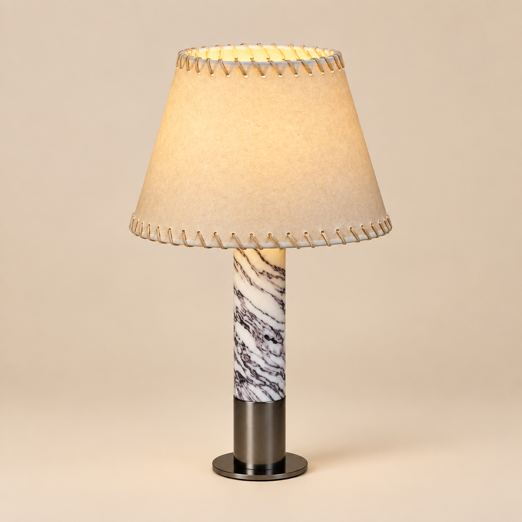 A short Spain Iron Base Cylindrical Marble LED E27 Table Lamp Parchment Lampshade Moden Living Room Bedroom Restaurant Office Desk Light — premium background photograph