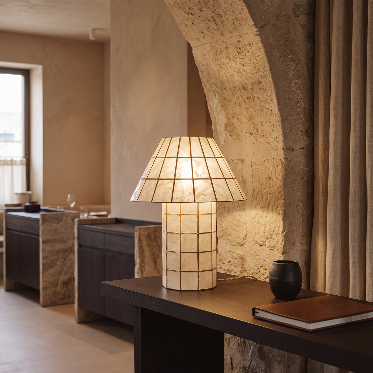 Baskoraa shell mushroom table lamp in a refined restaurant interior
