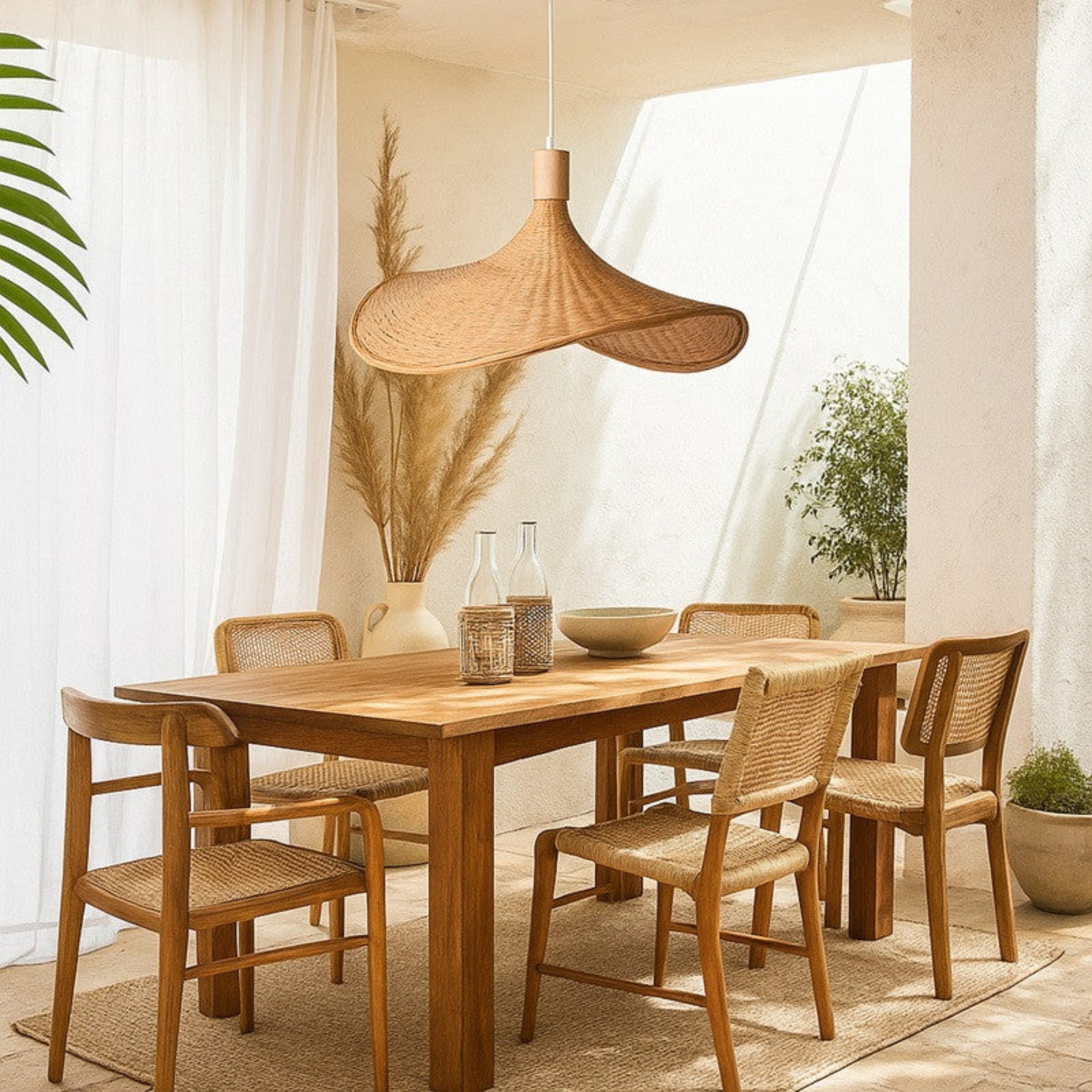 Dining area with wooden table and chairs, pendant light, and plants.