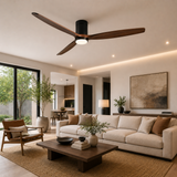 Modern living room with a ceiling fan, sofa, and decor elements.