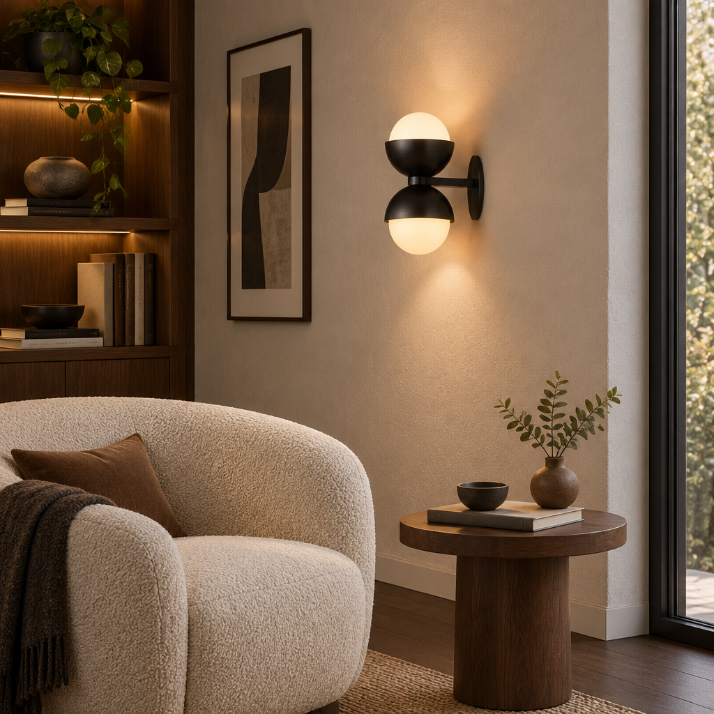 Black brass glass wall lamp in a contemporary reading lounge