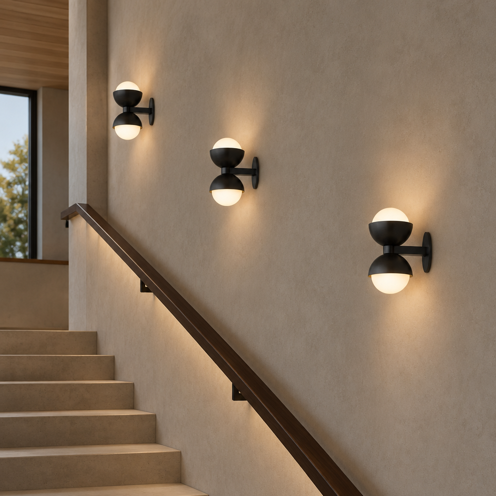 Black brass glass wall lamps installed along a modern staircase
