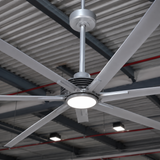 Large industrial ceiling fan in a warehouse setting