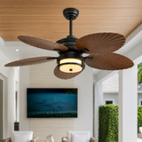 Ceiling fan with wooden blades in a room with a television and outdoor view.