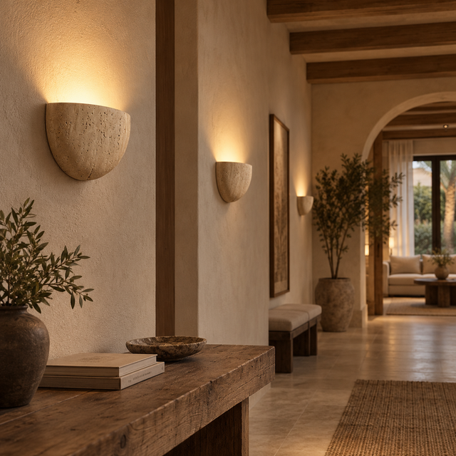Lumo Travertine Wall Lamps casting warm uplight along a neutral hallway.