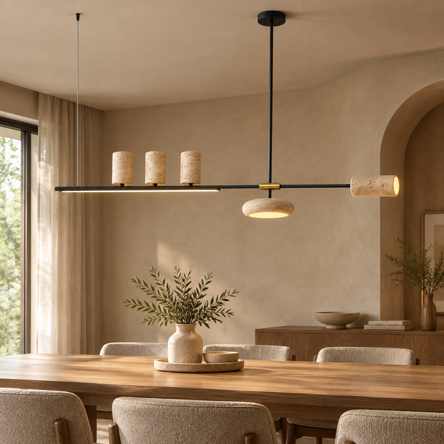 Cavelle natural stone 120 cm five-head linear pendant above a warm modern dining table