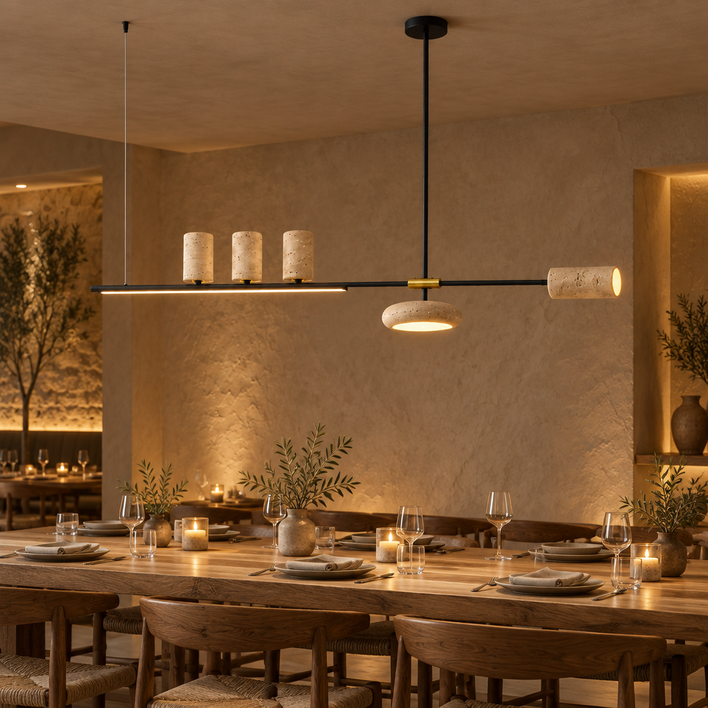 Cavelle 120 cm natural stone linear pendant installed above a restaurant dining table