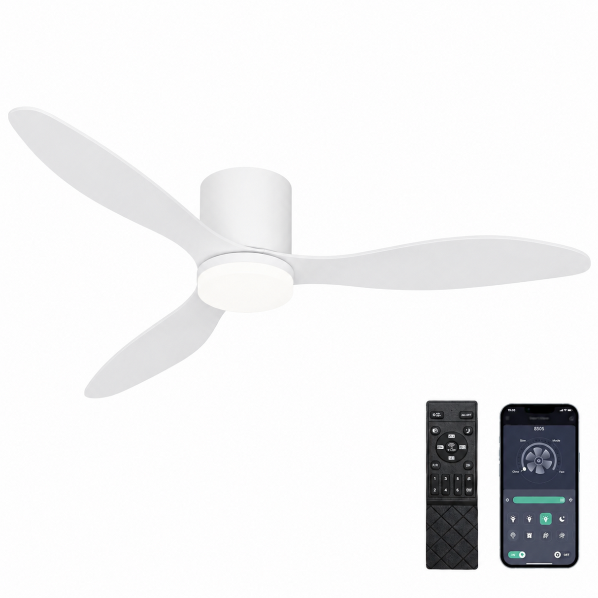 Ceiling fan with remote control and smartphone on a white background