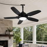 Black ceiling fan in a room with a stone wall, fireplace, and large windows.