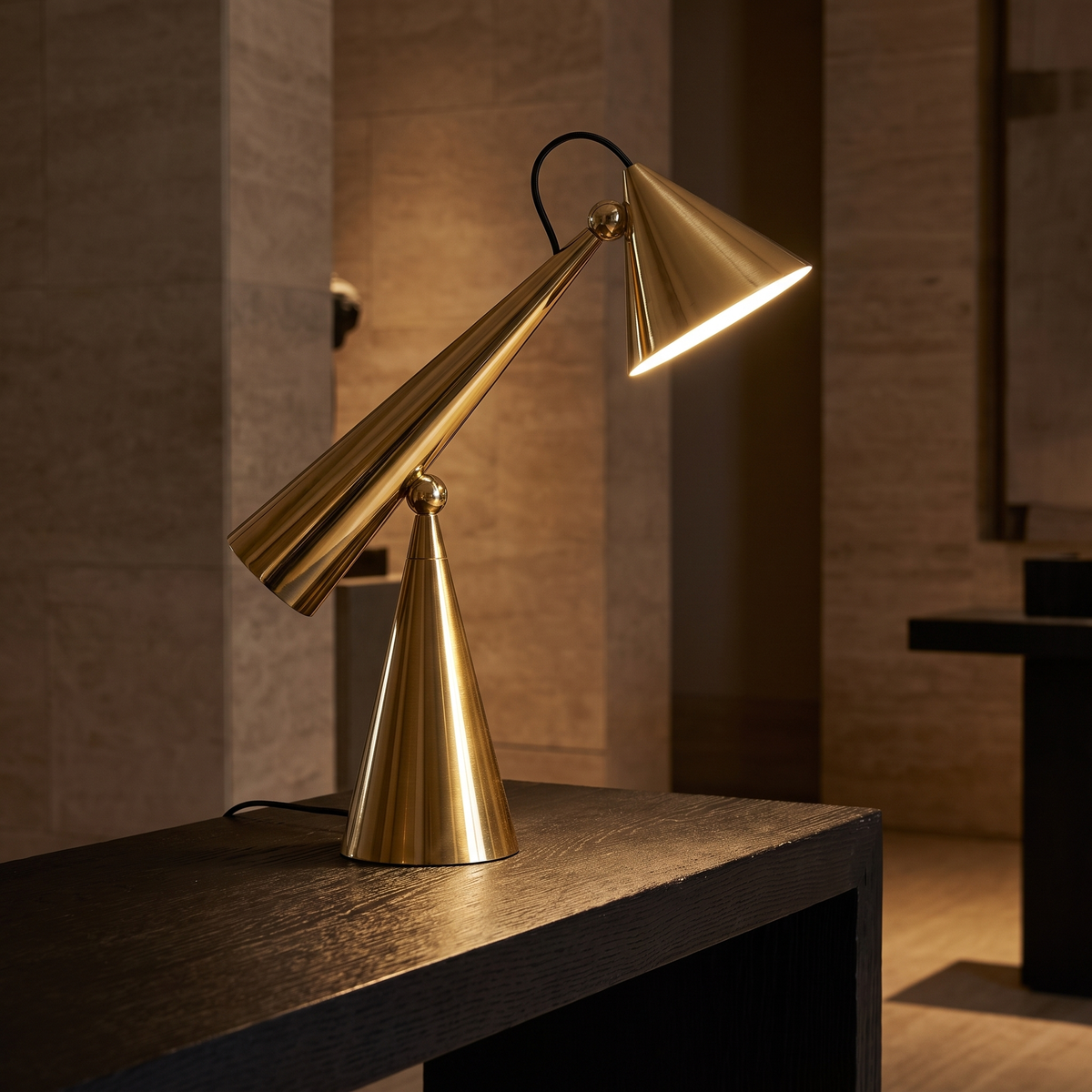 Designer Conical Portable Table Lamp – Variant B Gold – boutique hotel reception