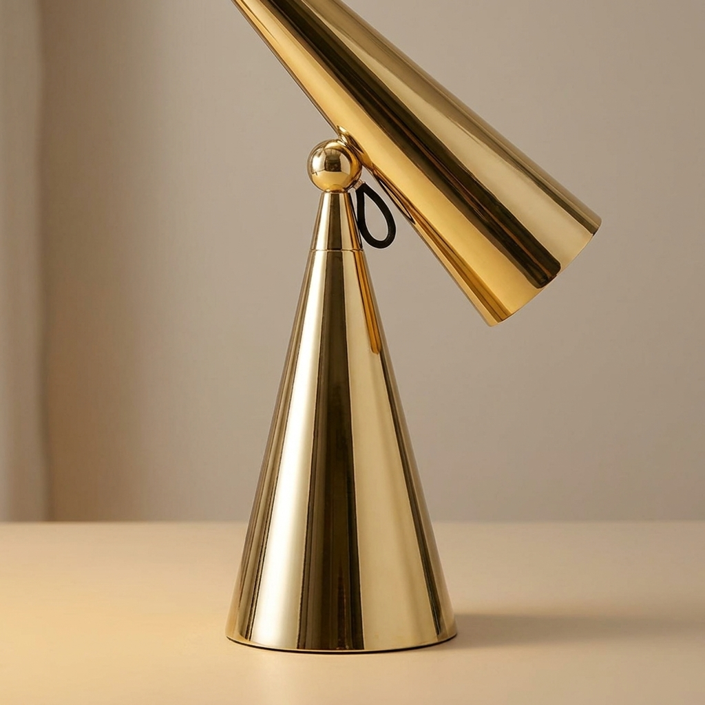 Designer Conical Portable Table Lamp – Variant B Gold – base and arm close detail