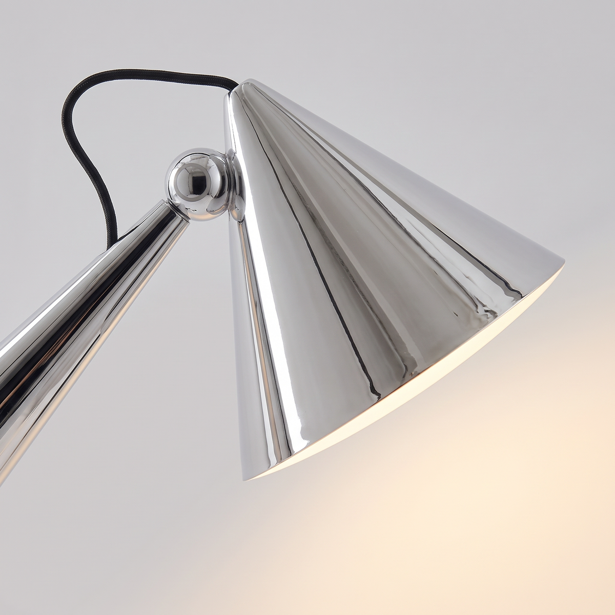 Designer Conical Portable Table Lamp – Variant C Mirror Silver – shade and pivot close detail