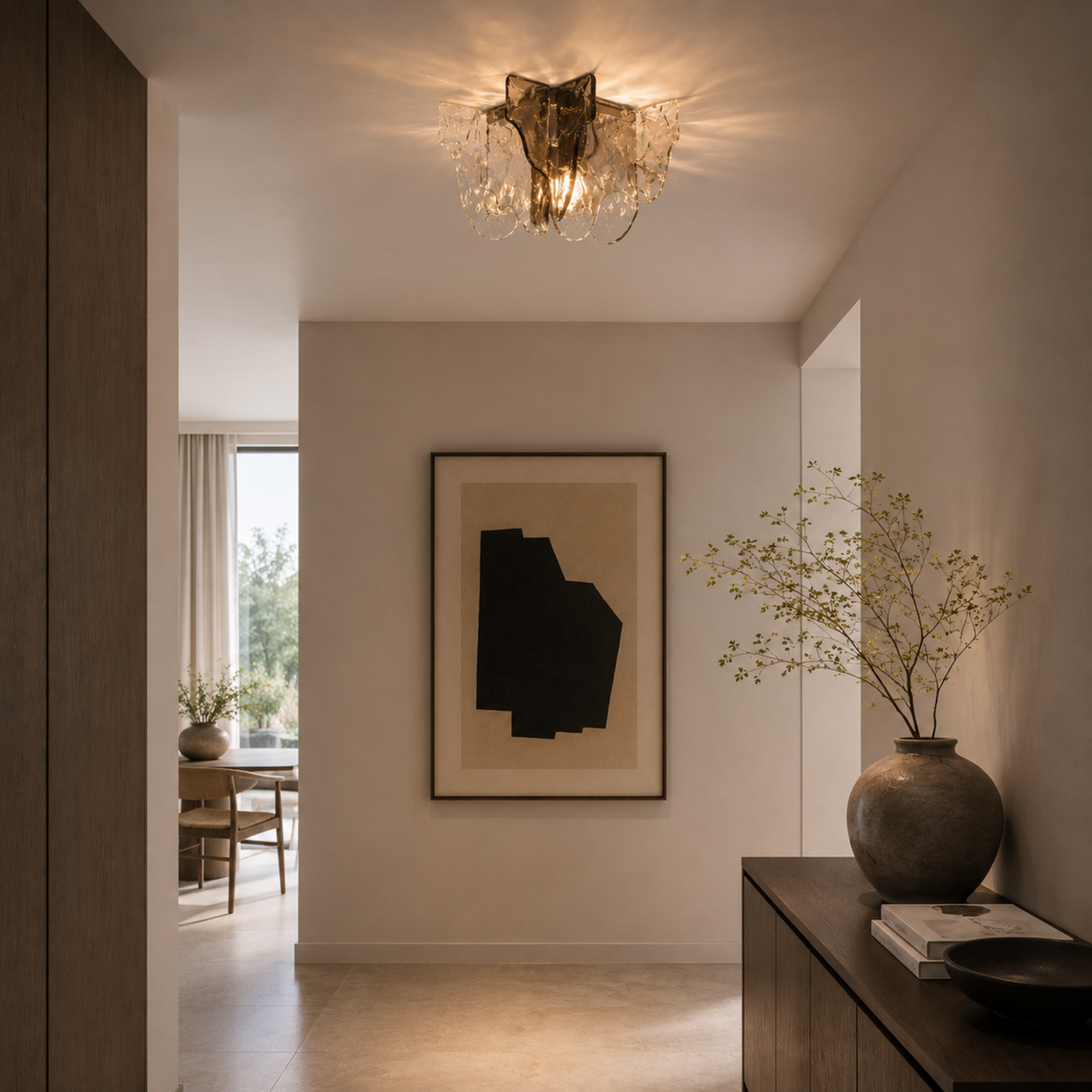 Modern interior with a ceiling light fixture, framed artwork, and decorative vase.