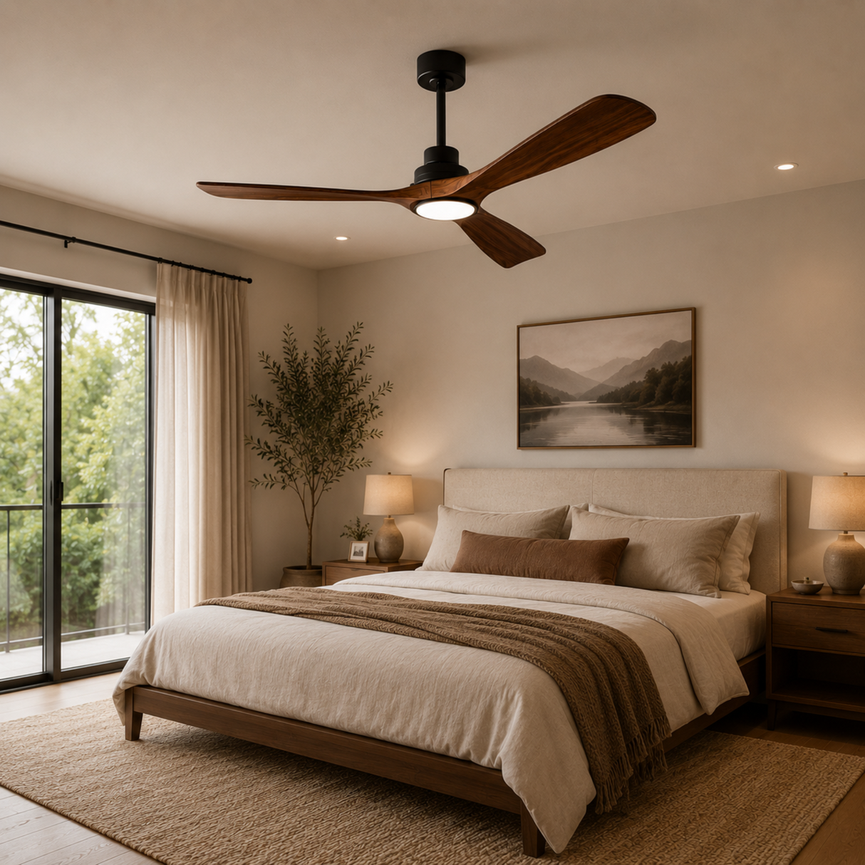 Modern bedroom with a ceiling fan, bed, and decorative elements.