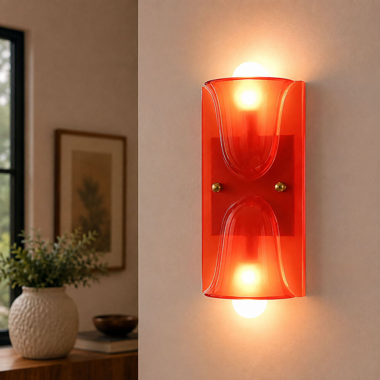 A modern wall sconce light fixture with a translucent orange-red glass shade and two glowing bulbs, mounted on a beige wall in a softly lit interior setting.