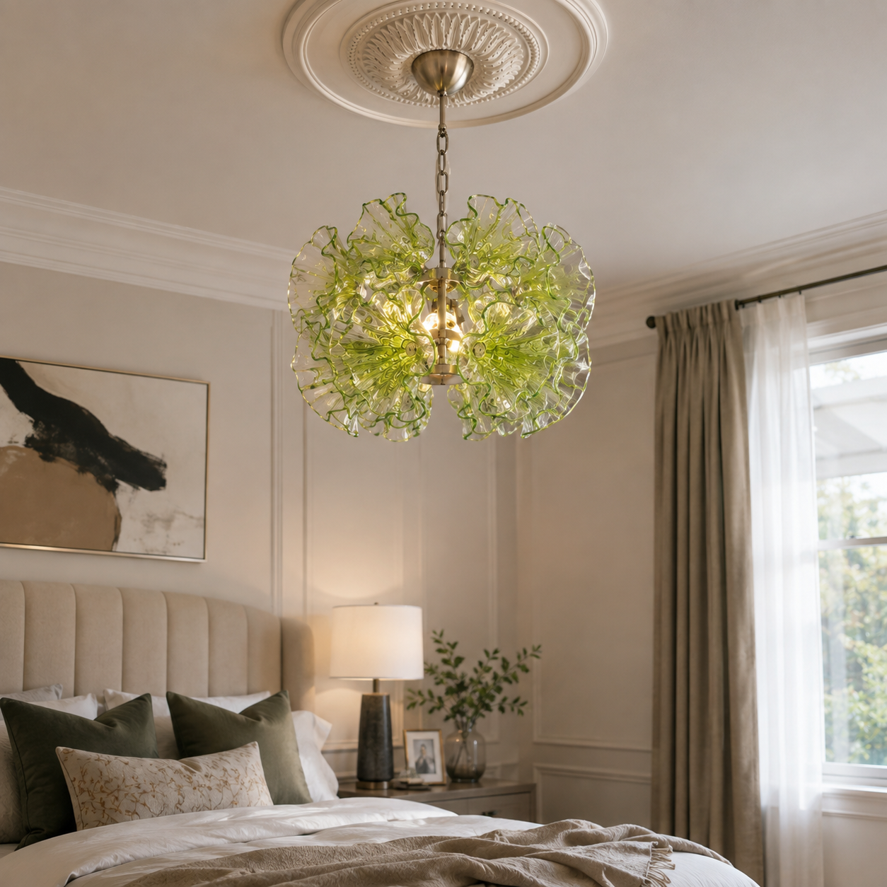 A green glass chandelier with a textured, bubble-like floral design hangs from a decorative ceiling medallion in a beautifully styled bedroom.