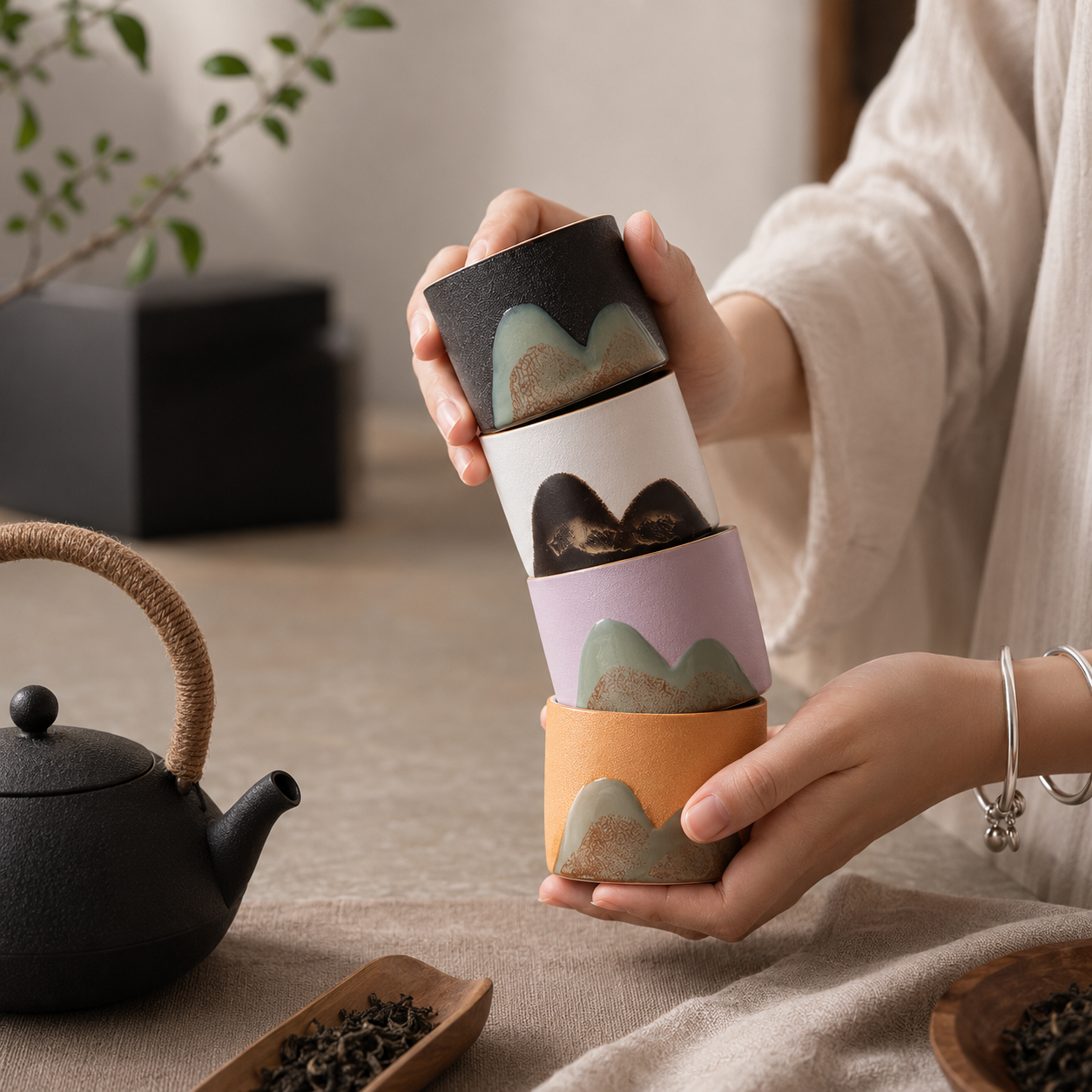 A person holds a stack of four ceramic tea cups with mountain-patterned rims in soft pastel colors. The setting is a warm, styled tea table scene with a black teapot, loose leaf dish, and neutral fabric background.