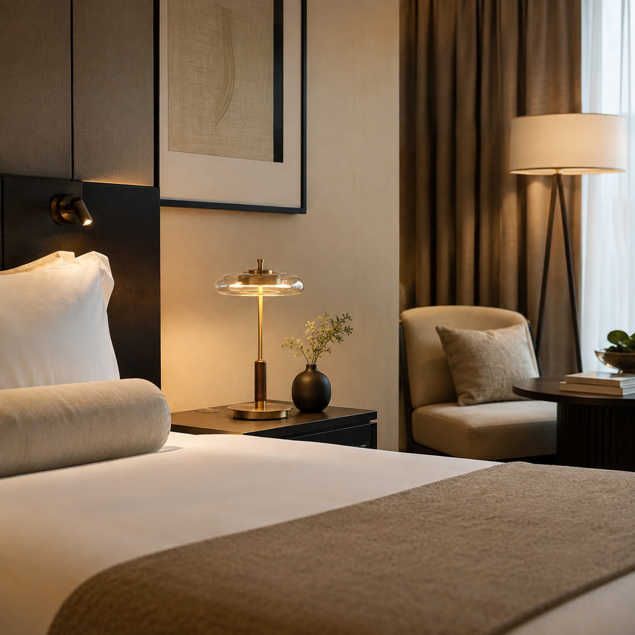 A modern bedroom interior with a neatly made bed in the foreground, a bedside table and lit table lamp, a chair with a pillow, curtains, and warm ambient lighting.