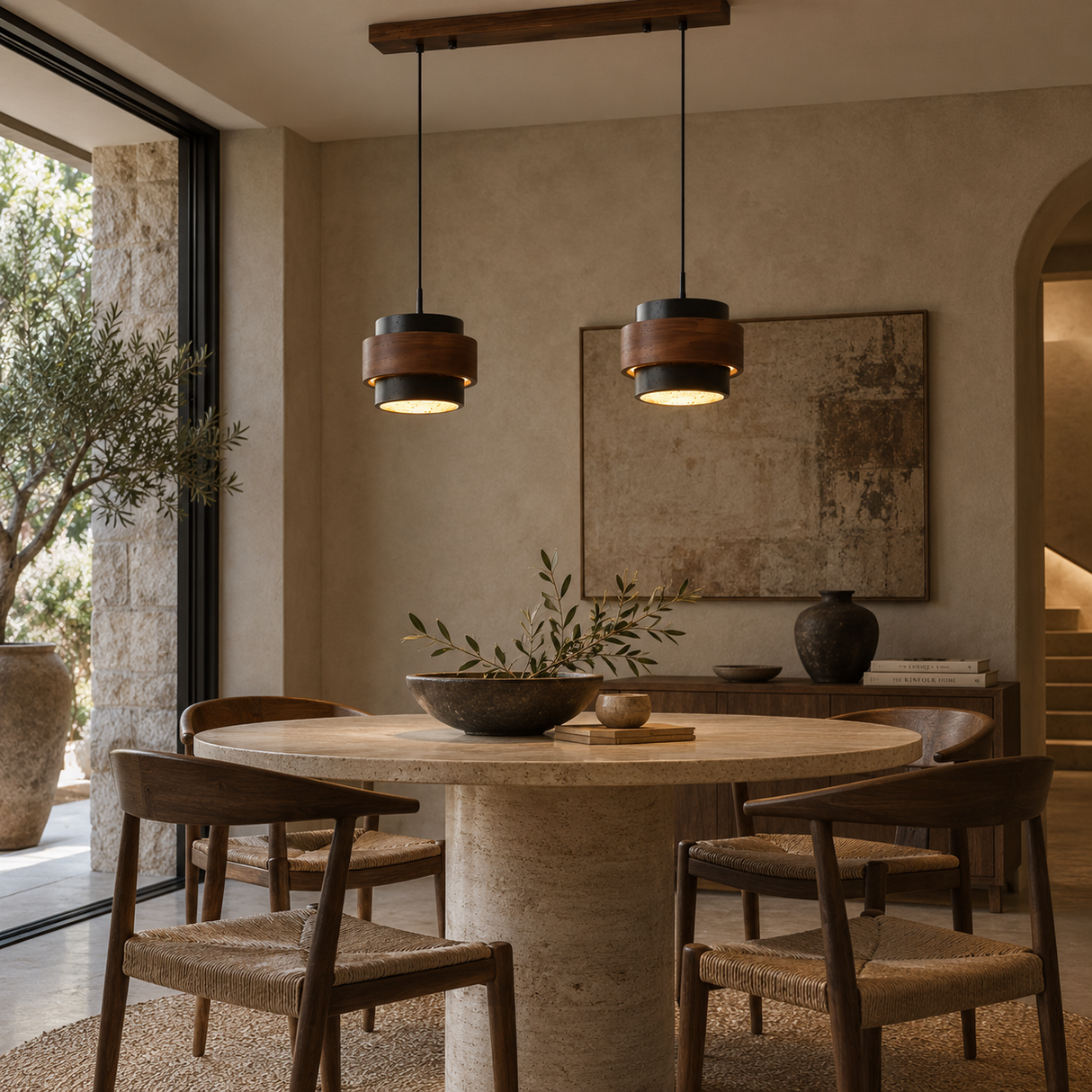 Two modern cylindrical pendant lights with dark wood and black metal shades hang over a round stone dining table with woven-back chairs in a warm, neutral-toned dining room.