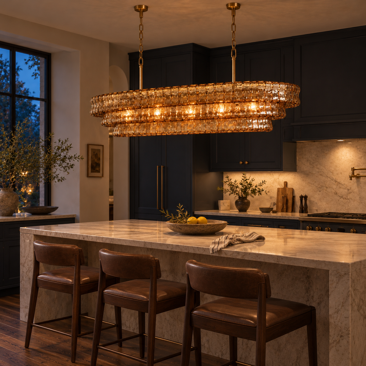 120 cm Étoile Vintage French Amber Glass Chandelier glowing warmly above a marble kitchen island with navy cabinetry.