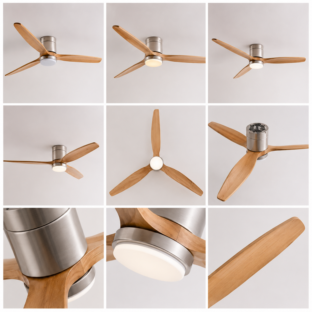 Ceiling fan with wooden blades and metallic hub shown from multiple angles on a light gray background.