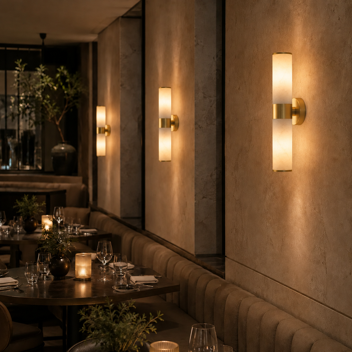 A warm brass wall sconce with a frosted glass cylinder shade mounted on a textured beige wall in a modern restaurant setting.