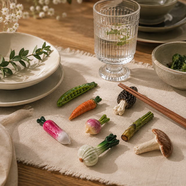 A styled tabletop scene with ceramic vegetable-shaped decorative pieces arranged on a beige cloth, alongside a glass of water, plates, chopsticks, and small bowls on a wooden table.