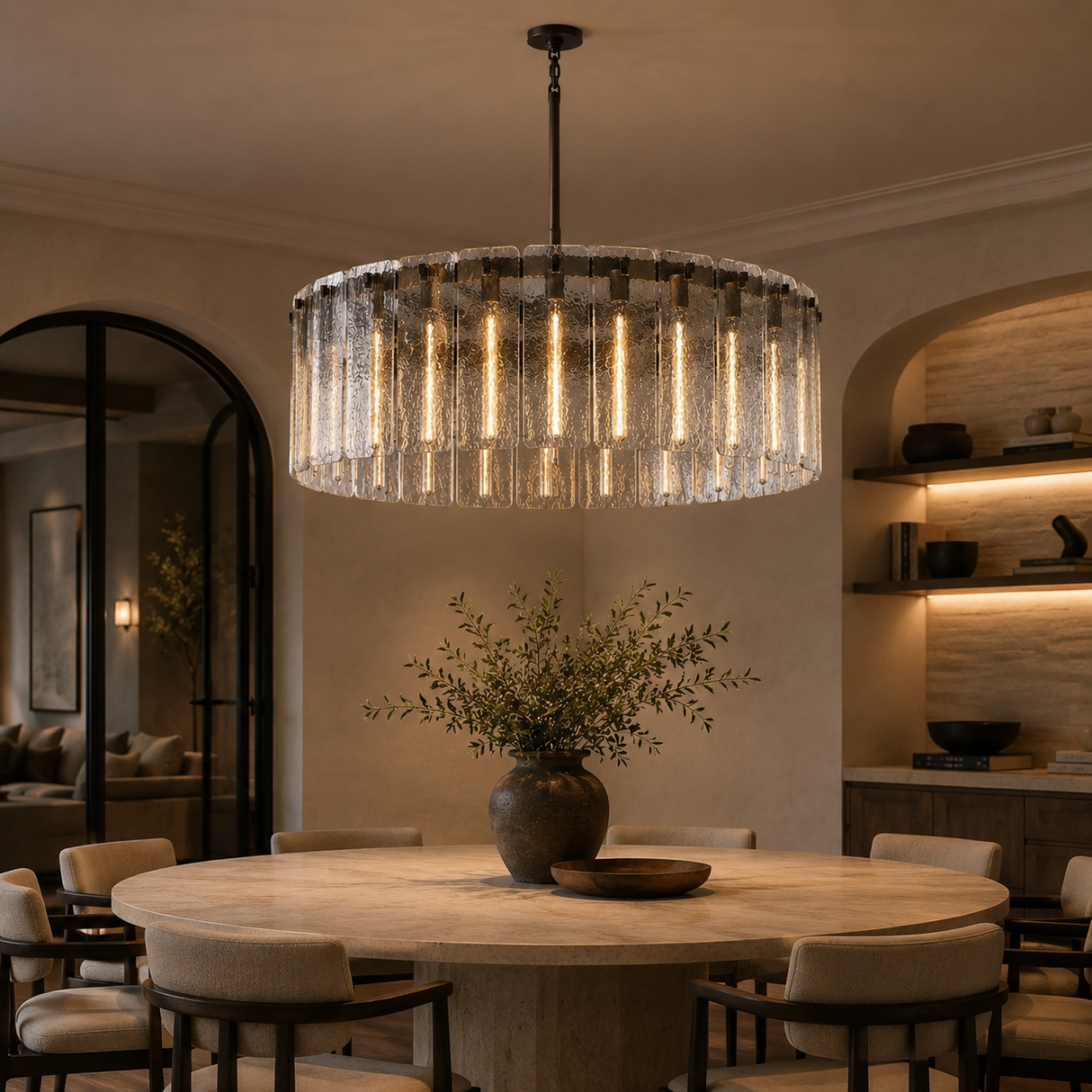 A large modern chandelier with a circular frame and hanging clear glass or crystal-like drops, glowing with warm light above a round dining table in a styled interior room.
