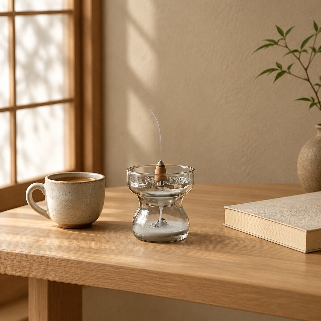 Compact glass mountain incense burner with cone incense in a warm Japanese-inspired interior