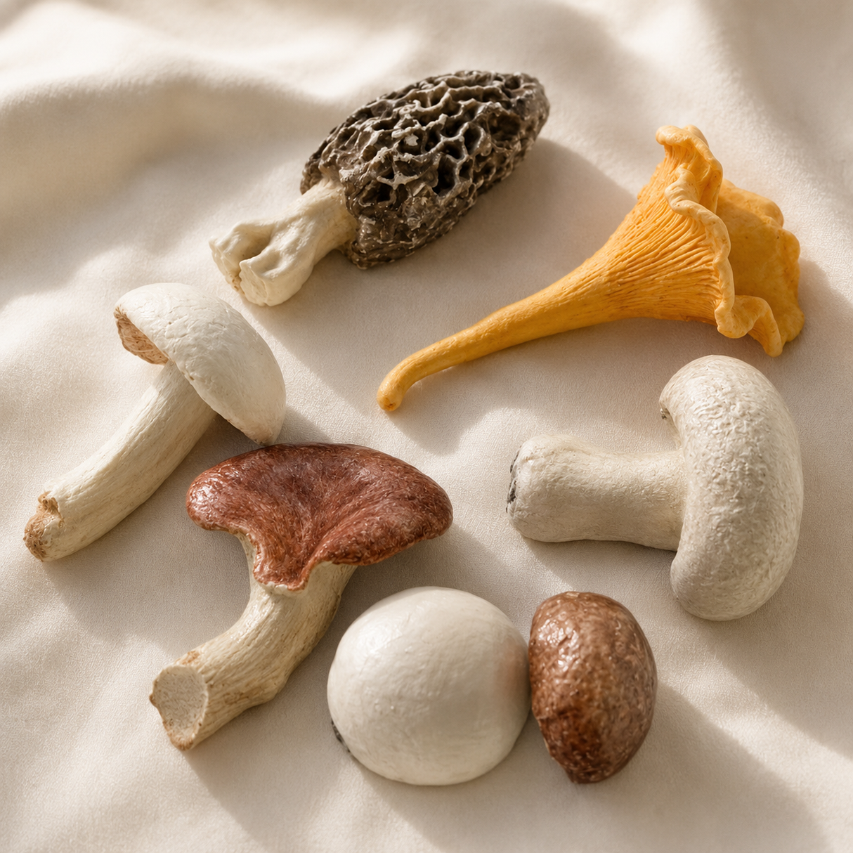 Harvest Artisan mushroom-shaped cutlery rests arranged on softly folded cream fabric in warm natural light.