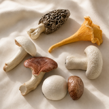 Harvest Artisan mushroom-shaped cutlery rests arranged on softly folded cream fabric in warm natural light.