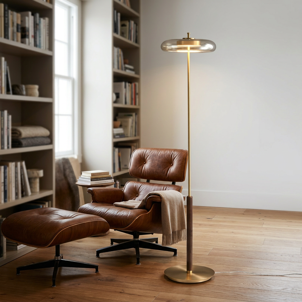 Brass Walnut Floor Lamp - library reading nook setting